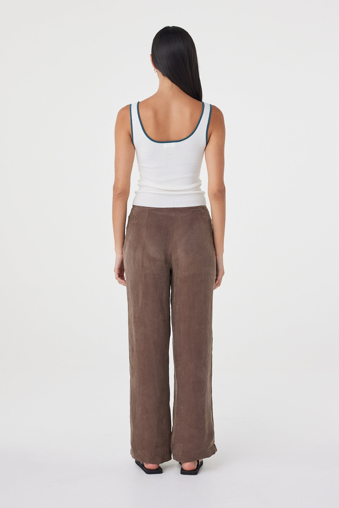 Back view of the Maisie Tie Pant in Espresso showcasing the clean waistband and streamlined full-length silhouette.