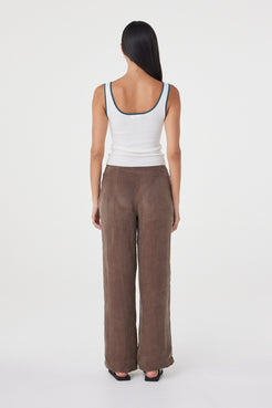 Back view of the Maisie Tie Pant in Espresso showcasing the clean waistband and streamlined full-length silhouette.