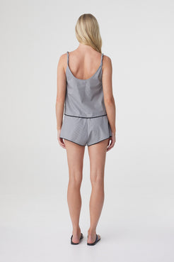 Allie Short in Muted Blue Check, back view with the matching Allie Top, showing the elasticated waist and relaxed fit through the leg.
