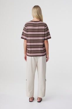 Lena Barrel Pant in Taupe, back view showing the relaxed fit, cropped length and rounded barrel leg.