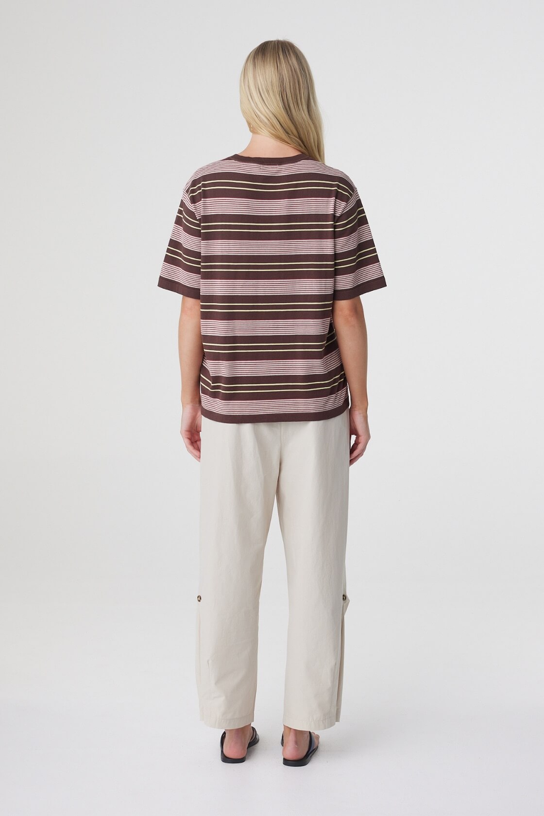 Lena Barrel Pant in Taupe, back view showing the relaxed fit, cropped length and rounded barrel leg.