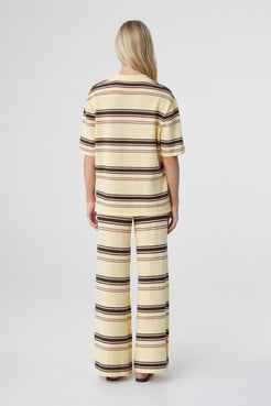 Willa Pant in Butter Espresso Stripe, back view styled with the Willa Shirt, highlighting the wide leg shape and custom horizontal stripe.