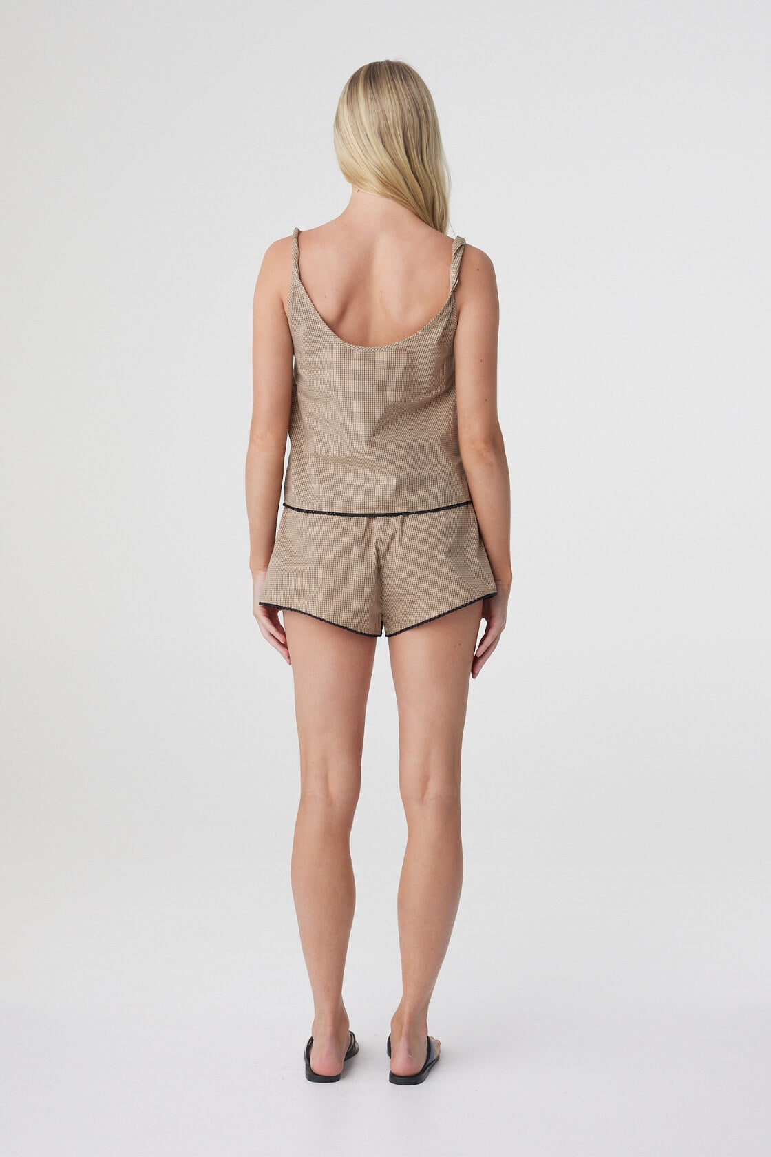 Allie Short in Taupe Check, back view with the coordinating Allie Top, showing the elasticated waistband and relaxed fit.