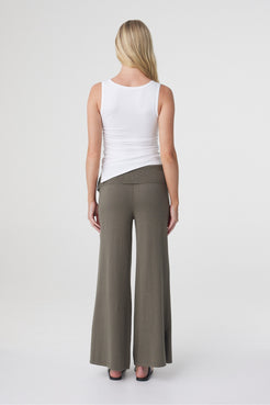 Nora Pant in Smokey Olive, full length back view showing the wide leg fit and clean waistband at the back.