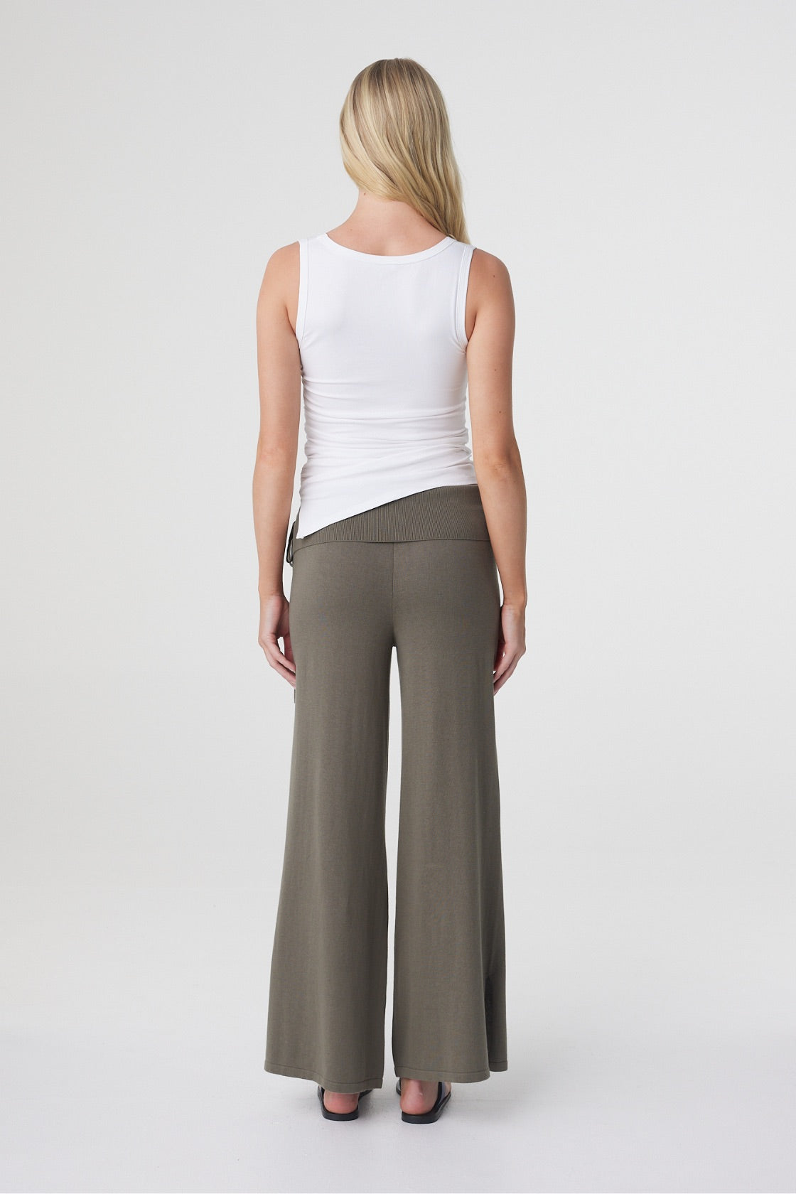Nora Pant in Smokey Olive, full length back view showing the wide leg fit and clean waistband at the back.