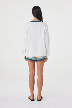 Back view of the Netta Shorts in Teal Cream Stripe showcasing the clean waistband and all-over striped design.