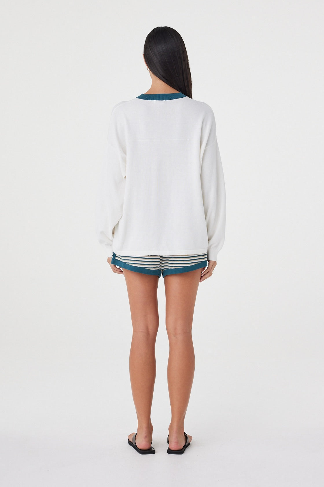 Back view of the Netta Shorts in Teal Cream Stripe showcasing the clean waistband and all-over striped design.