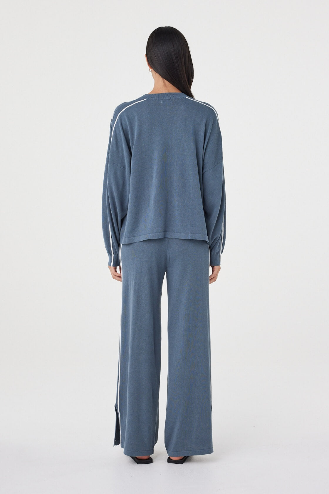 Back view of the Pippa Pant 2.0 in Storm & Cream featuring the elasticated ribbed waistband and relaxed fit through the leg.