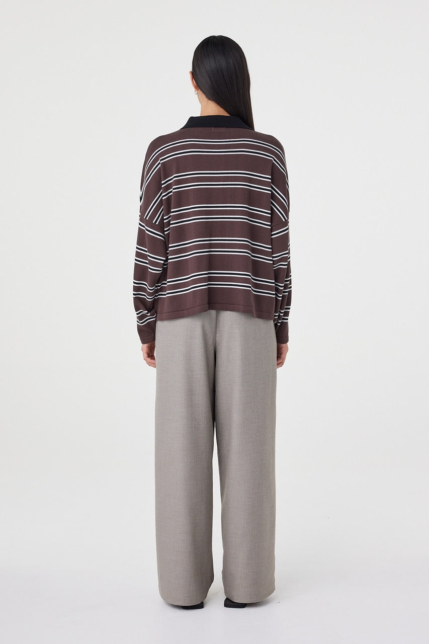 Back view of the Rayne Knit in espresso, black and cream highlighting the oversized silhouette, soft cotton knit finish and horizontal stripe artwork throughout