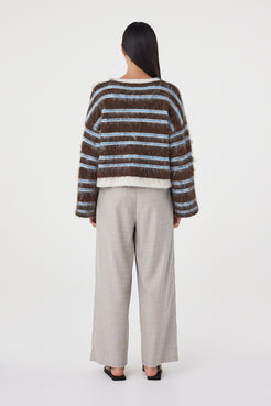 Back view of the Lucca Sweater in Espresso & Blue Stripe featuring horizontal blue stripe detailing, relaxed proportions and soft textured knit fabrication.
