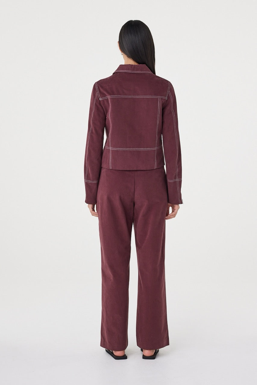 Back view of the Benny Jacket in Merlot featuring contrast stitching across the back and a clean tailored silhouette.