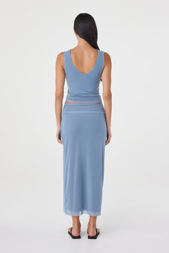 Back view of the Eden Reversible Top in Pale Blue & Espresso showcasing the fitted silhouette, clean finish and pale blue reverse side.