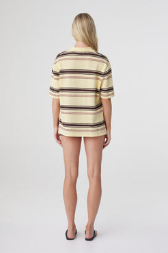 Willa Shirt in Butter Espresso Stripe, back view highlighting the oversized shape and custom Butter Espresso horizontal stripe.