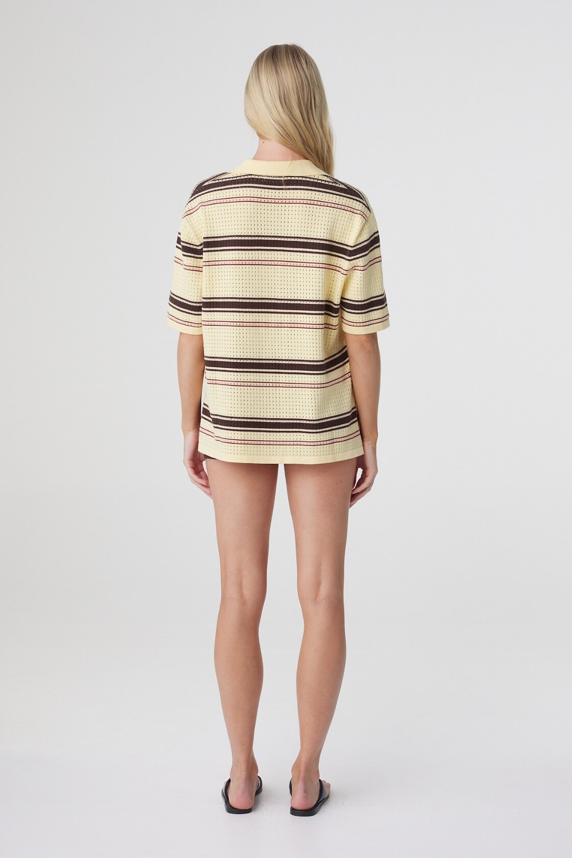 Willa Shirt in Butter Espresso Stripe, back view highlighting the oversized shape and custom Butter Espresso horizontal stripe.