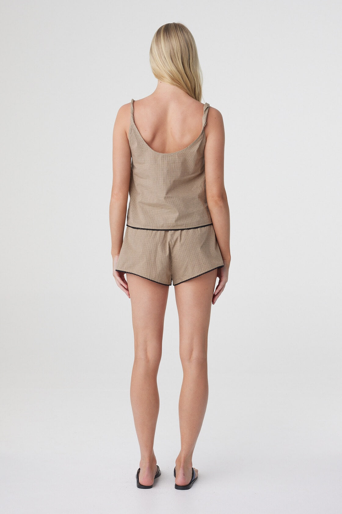 Allie Top in Taupe Check, back view styled with the coordinating shorts, showing the low back and relaxed fit.