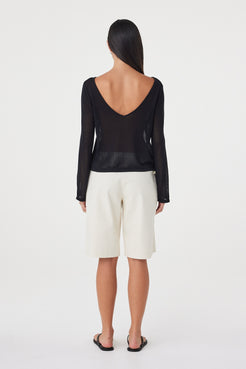 Back view of the Nia LS Top in Black showing the low, wide neckline and relaxed fit through the body.
