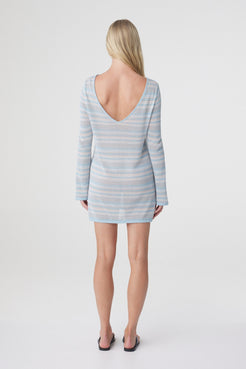 Nia Long Sleeve Mini Dress in Dusk Blue Cream Stripe, back view highlighting the low scooped back and custom blue and cream stripe.