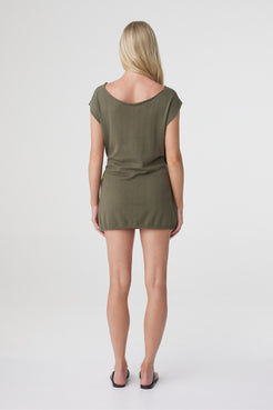 Nora Top in Smokey Olive, back view showing the relaxed fit and low hip length.