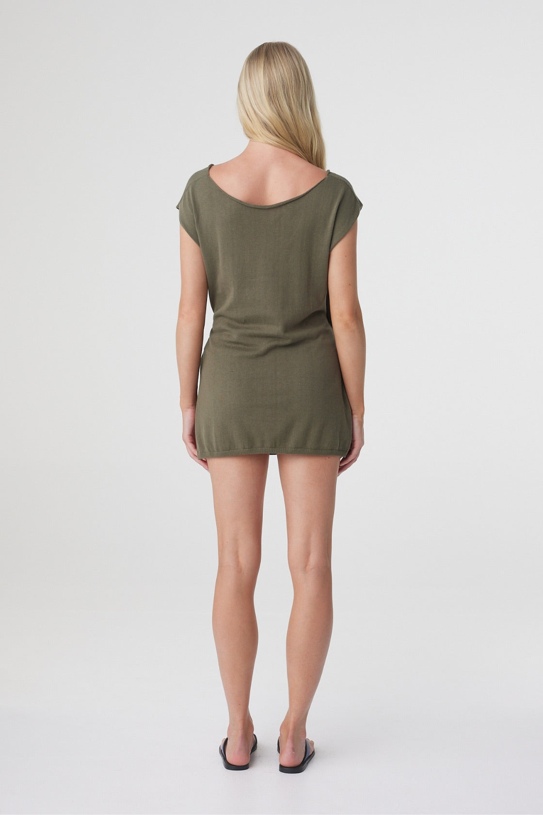 Nora Top in Smokey Olive, back view showing the relaxed fit and low hip length.
