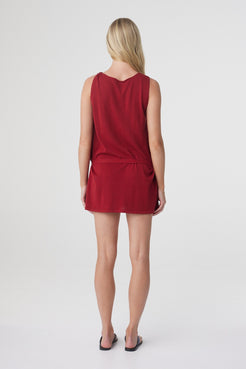 Clara Mini Dress in Chilli, back view showing the relaxed fit and sleeveless shape.