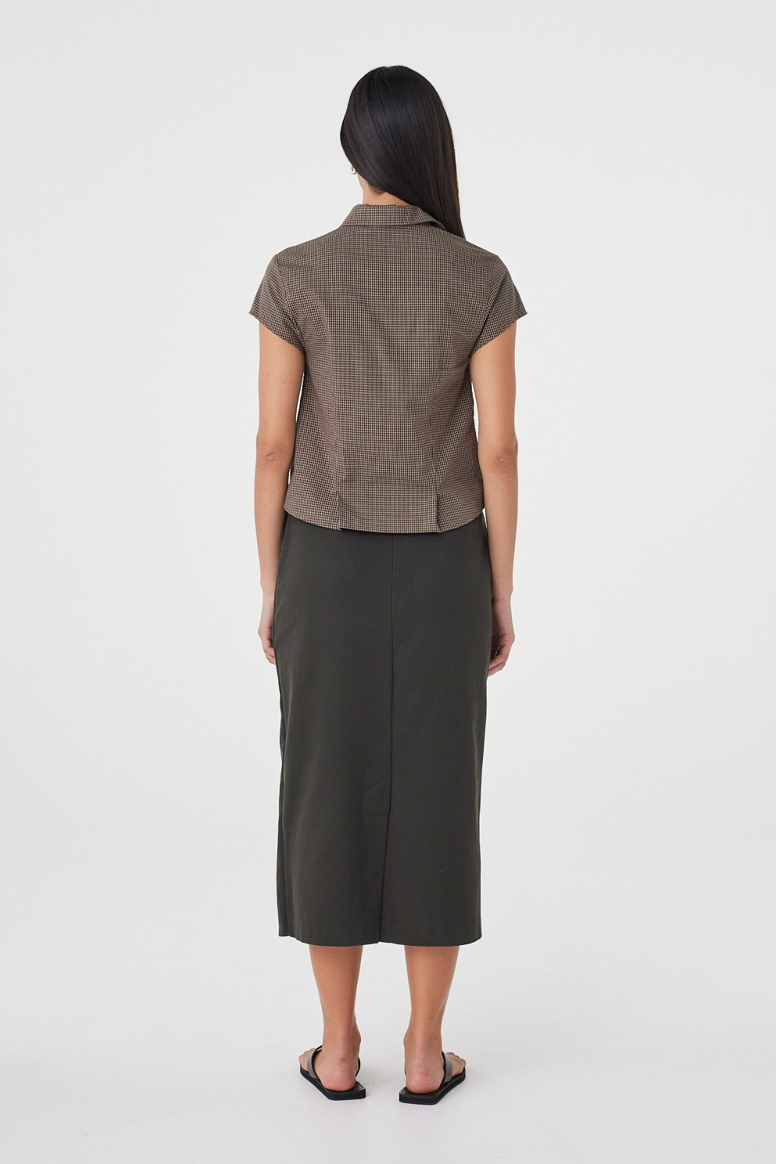 Back view of the Freya Shirt in Chocolate Check showcasing the back princess seams, fitted shape and clean tailored finish.