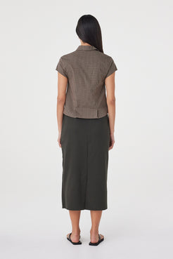 Back view of the Freya Shirt in Chocolate Check showcasing the back princess seams, fitted shape and clean tailored finish.
