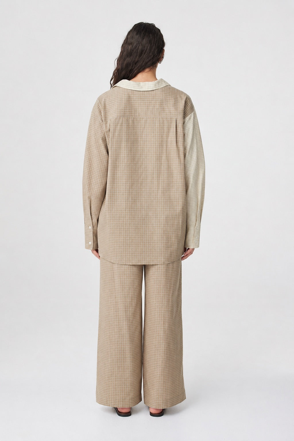 Autumn Wrap Shirt in Two Tone Check styled with matching pants, full-length back view showing the oversized silhouette and two-tone check design.