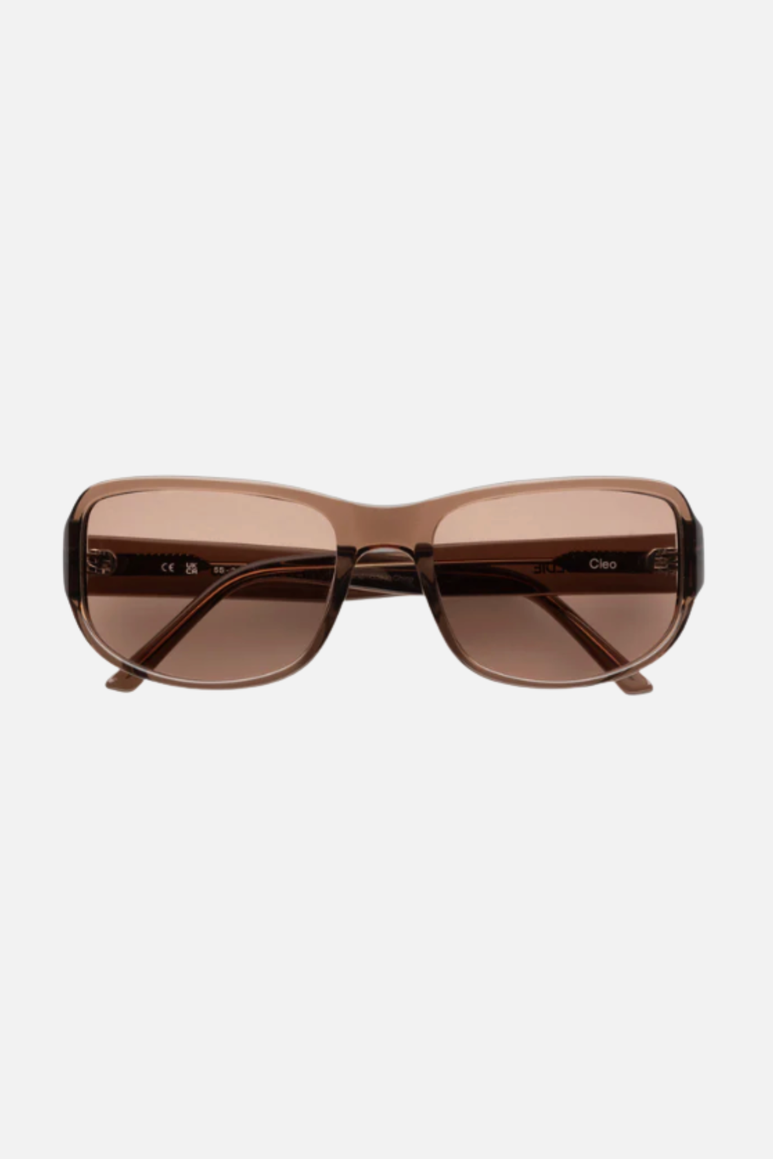 Front view of coffee brown square sunglasses with soft rounded edges and warm brown lenses
