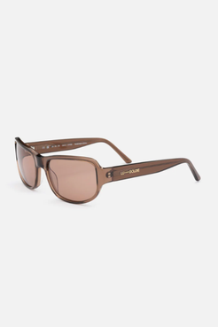 Angled side view of Cleo sunglasses in coffee brown acetate with square frame and tinted lenses