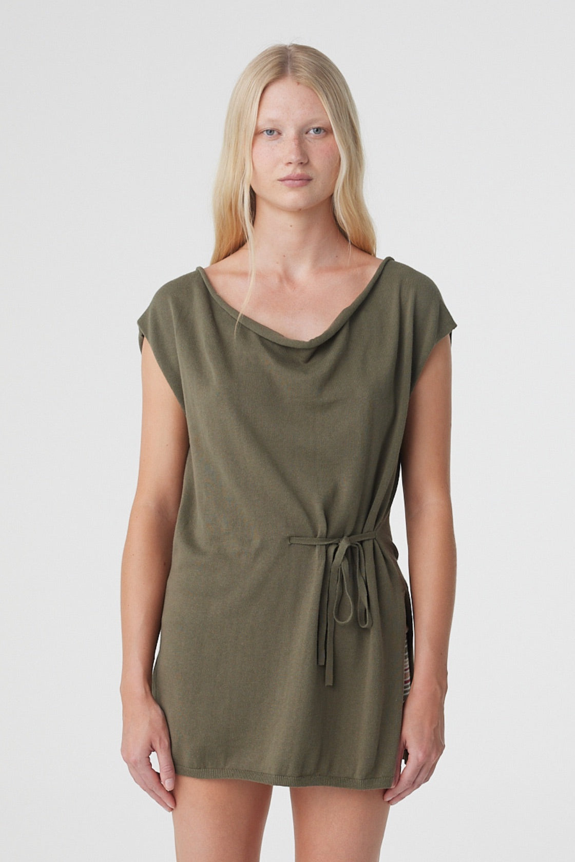 Nora Top in Smokey Olive, front close view showing the softly draped cowl neckline, relaxed shape and adjustable tie at the waist.