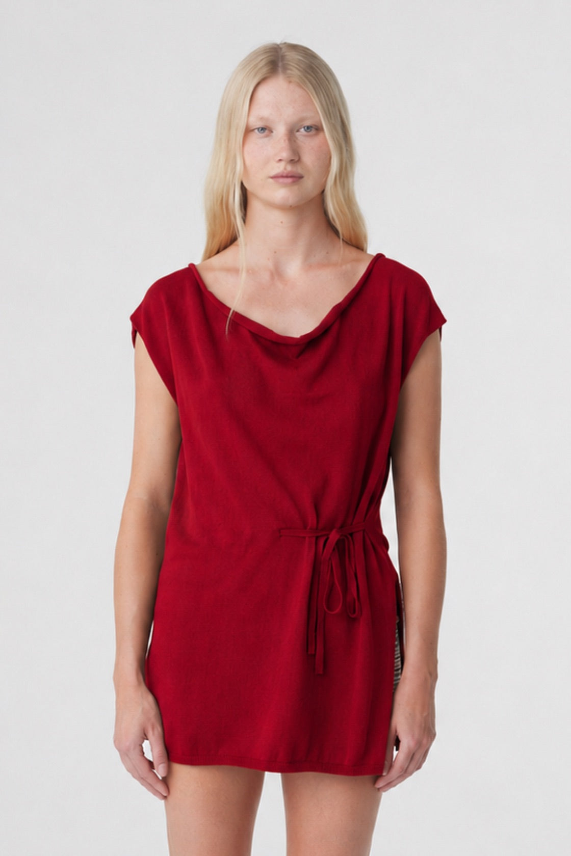 Nora Top in Chilli, close front view highlighting the softly draped cowl neckline, relaxed sleeves and adjustable waist tie.