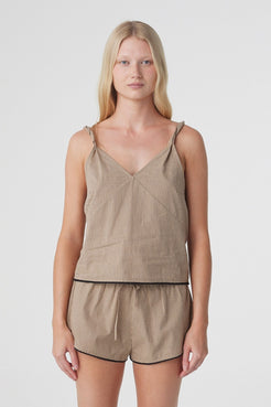 Allie Top in Taupe Check, close front view showing the deep V neckline, twisted straps and relaxed cami shape.