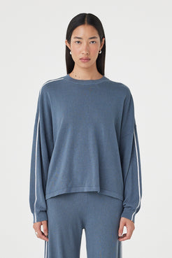 Front view of the Pippa Longsleeve Tee in Storm & Cream featuring an oversized silhouette, contrast stripe detailing and lightweight knit fabrication, styled with the matching Pippa Pant 2.0.