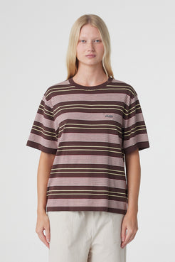 Noor Tee in Red & Brown Retro Stripe, close front view showing the relaxed fit, ribbed crew neckline and Arcaa logo at the chest.