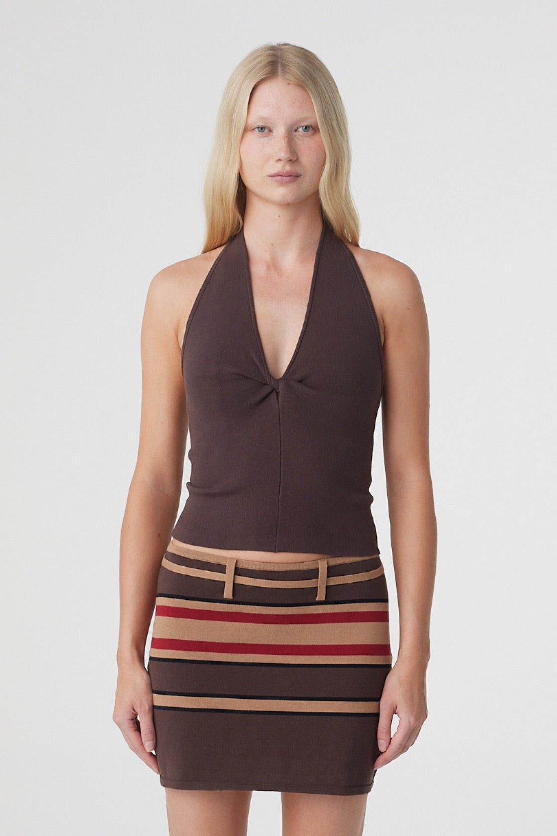 Thea Twist Top in Espresso, close front view showing the fitted halter neckline, deep V shape and twist detail with keyhole opening.
