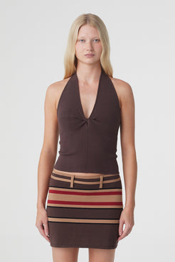 Thea Twist Top in Espresso, close front view showing the fitted halter neckline, deep V shape and twist detail with keyhole opening.