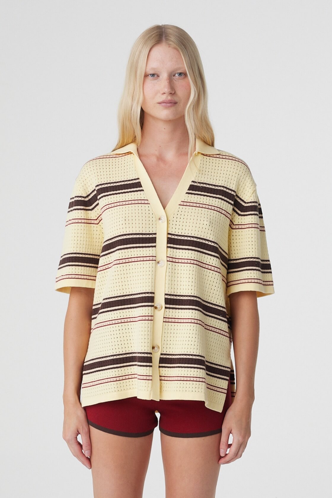 Willa Shirt in Butter Espresso Stripe, close front view highlighting the V neckline, button front and custom striped knit.
