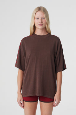 Pippa Oversized Tee in Espresso & Chilli, close front view highlighting the ribbed crew neckline, dropped shoulders and contrast Chilli piping.