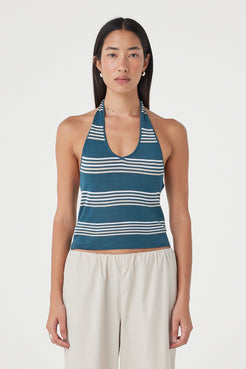 Front close-up view of the Nuri Top in Teal Stripe highlighting the halter neckline, custom stripe design and fitted knitted silhouette.