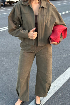 Khaki jacket and pants worn outdoors on the street