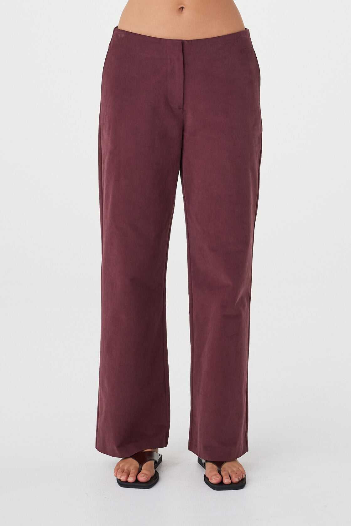 Front view of the Avery Pant in Merlot showcasing the clean waistband and full-length tailored fit.