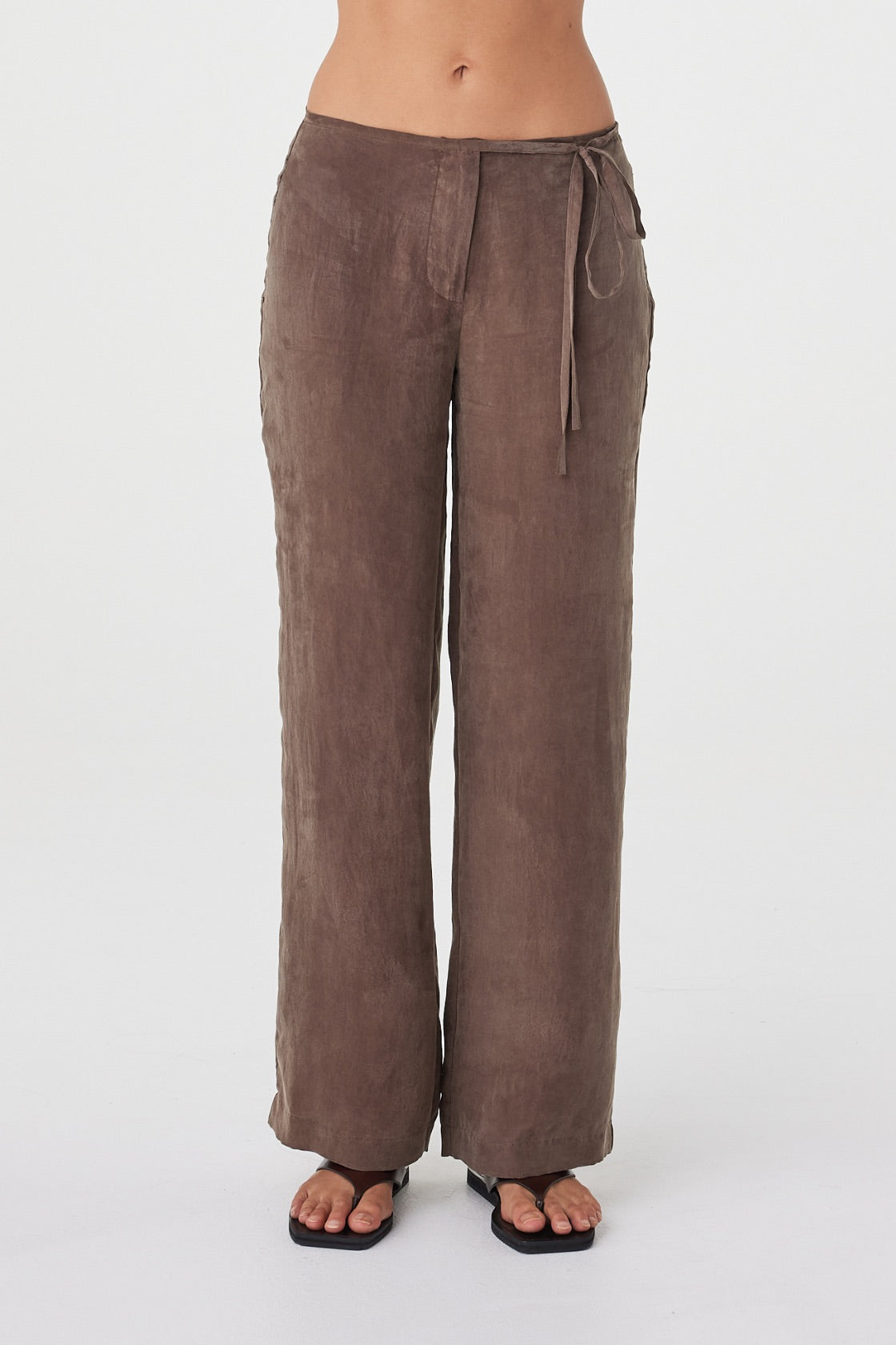 Front view of the Maisie Tie Pant in Espresso highlighting the slim waistband, side ties and clean straight-leg shape.
