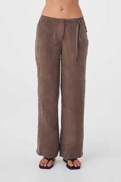 Front view of the Maisie Tie Pant in Espresso highlighting the slim waistband, side ties and clean straight-leg shape.
