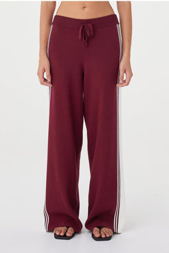 Emery Pant in merlot and cream shown front-facing with a high-rise fit and fluid straight-leg shape, styled with black sandals 
