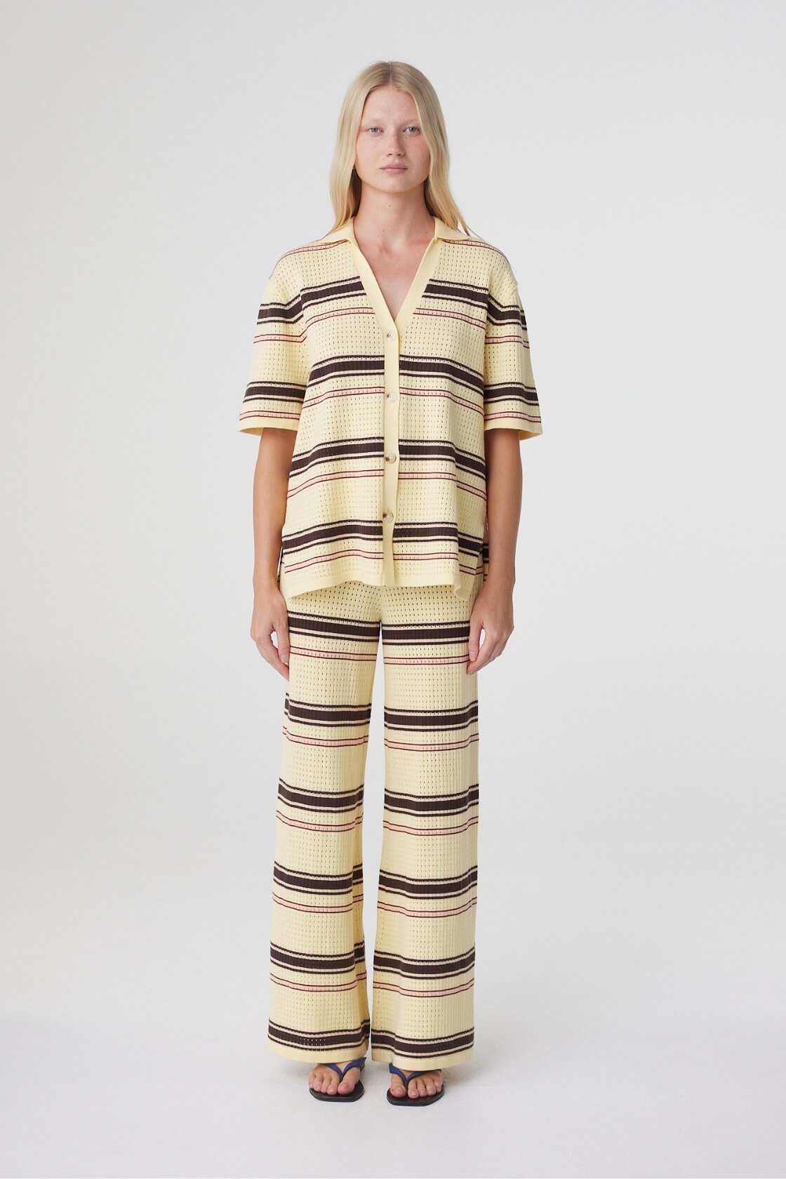 Willa Pant in Butter Espresso Stripe, full front view styled with the matching Willa Shirt, showing the relaxed wide leg silhouette and custom stripe knit.