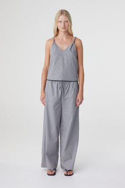 Sia Pant in Muted Blue Check styled with the matching top, full length front view showing the relaxed wide leg silhouette.