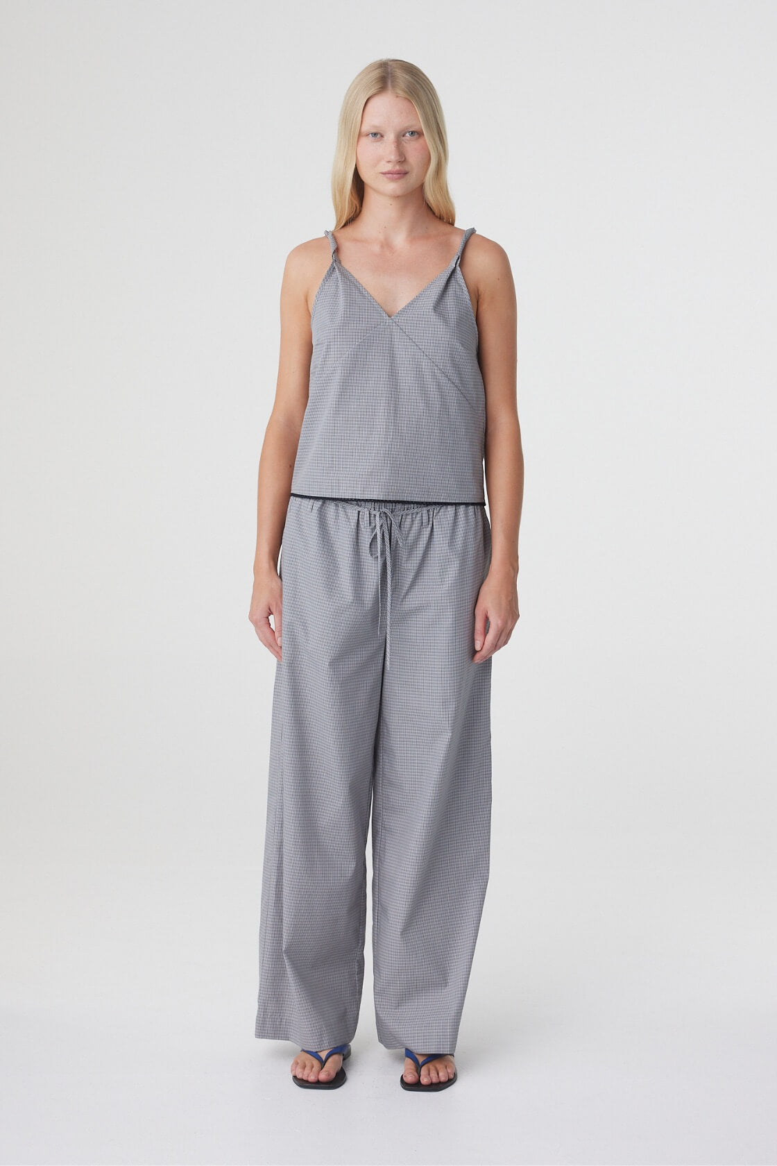 Sia Pant in Muted Blue Check styled with the matching top, full length front view showing the relaxed wide leg silhouette.