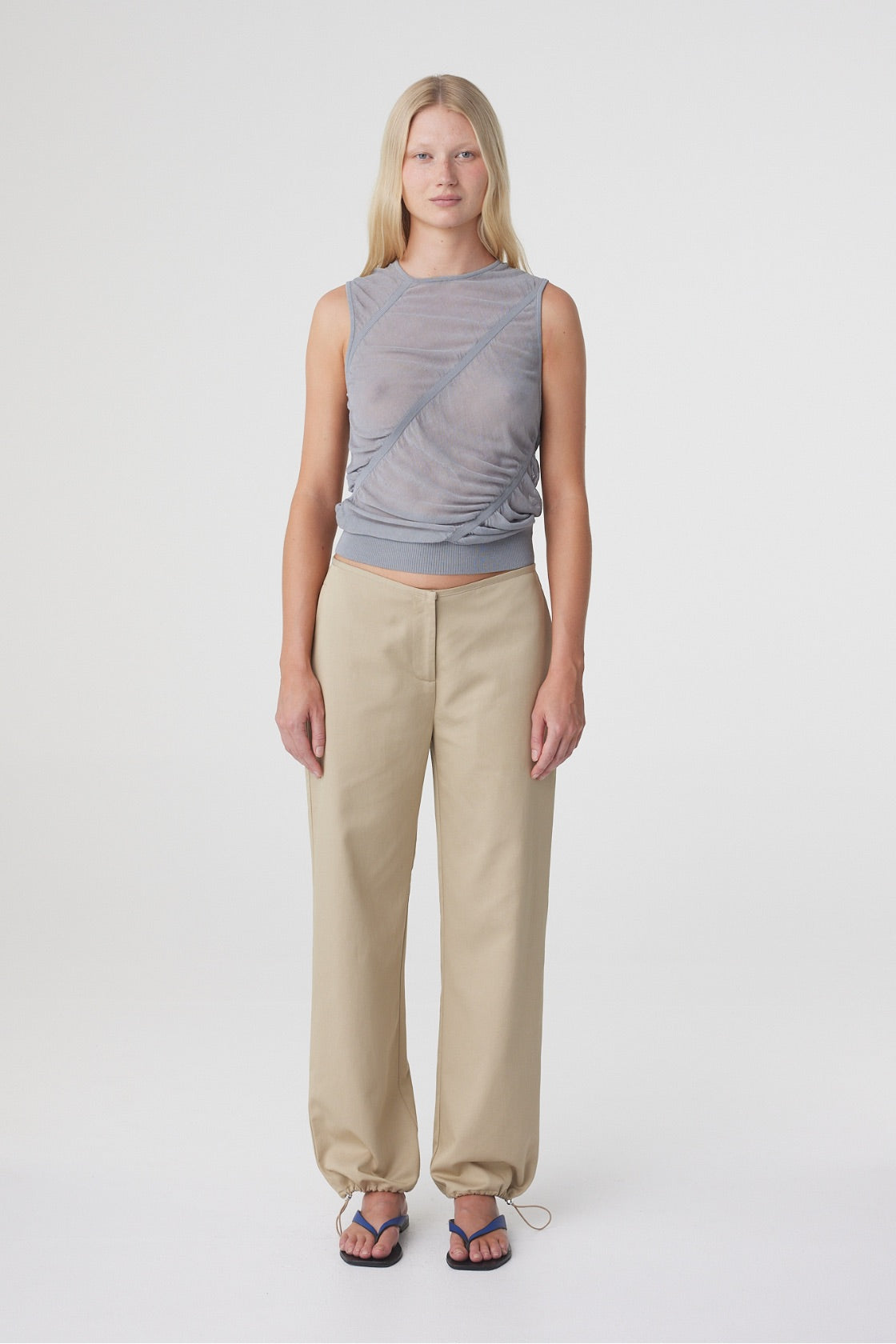 Sabi Pant in Taupe styled with a grey sleeveless top, full length front view showing the straight leg silhouette and gathered drawstring hems.