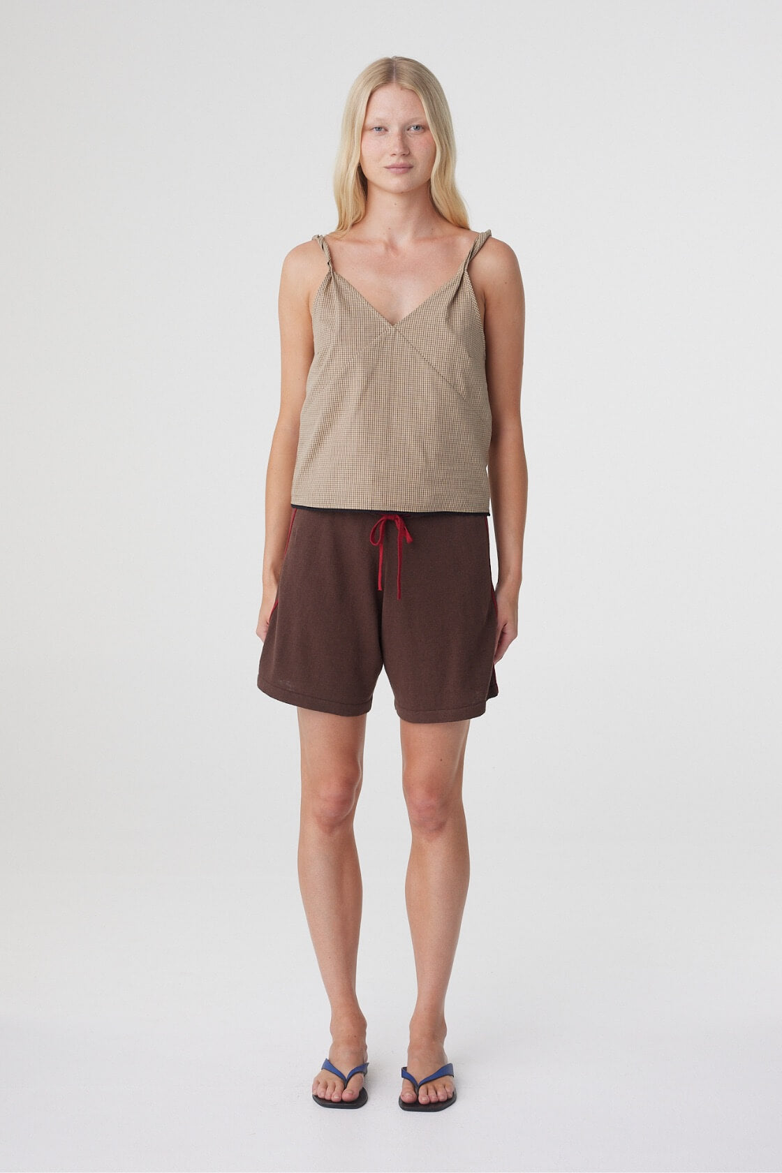 Pippa Midi Short in Espresso & Chilli, full front view styled with a neutral cami, showing the relaxed longer length and contrast Chilli drawstring.