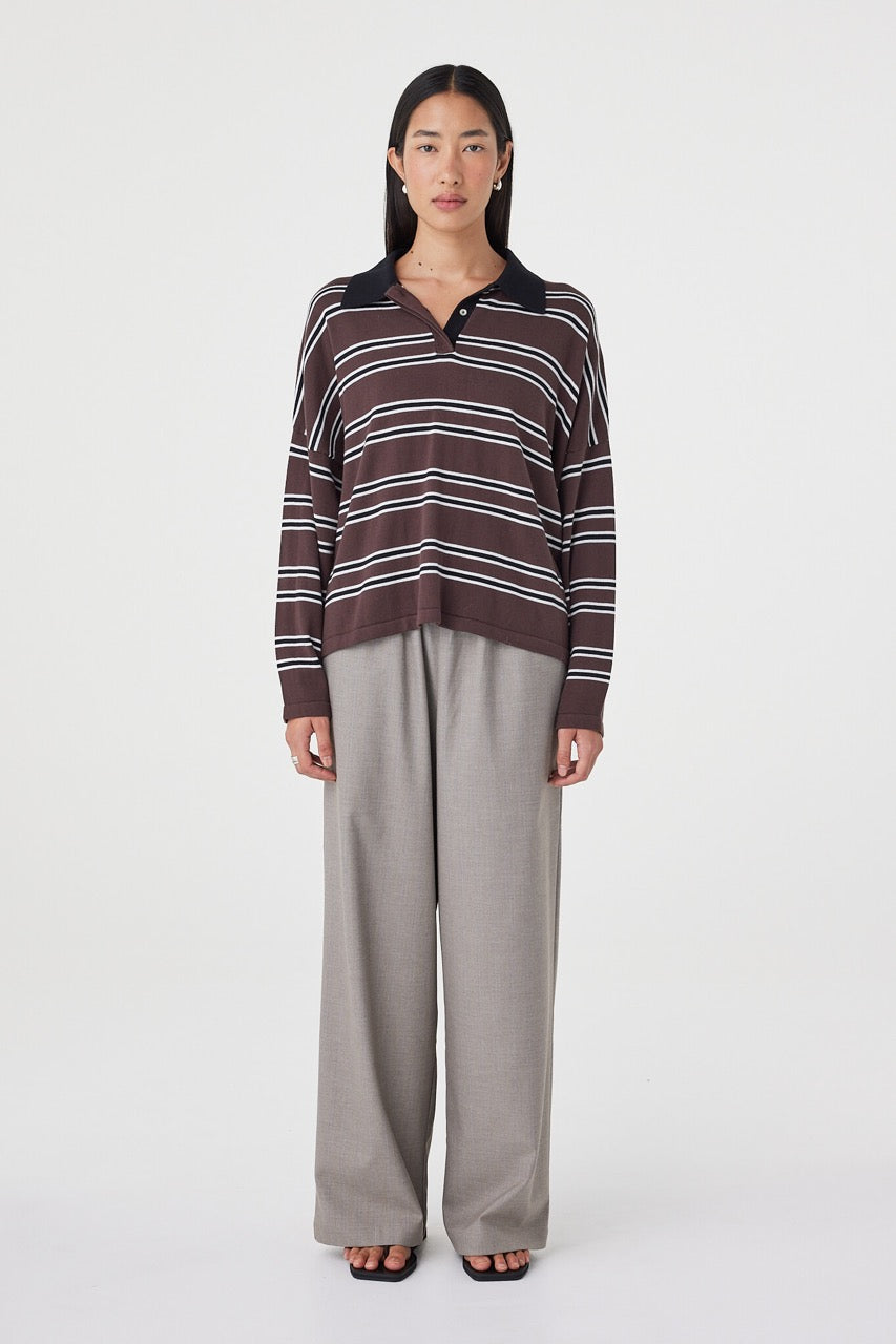 Full-length front view of the Rayne Knit in espresso, black and cream showcasing the relaxed fit, lightweight knit texture and vintage-inspired stripe detailing
